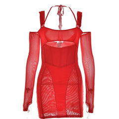 Gloves mesh corset off shoulder hollow out long sleeve halter mini dress | red tango dress