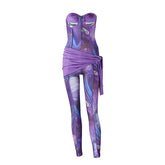 Sweetheart neck ruched irregular print zip-up jumpsuit