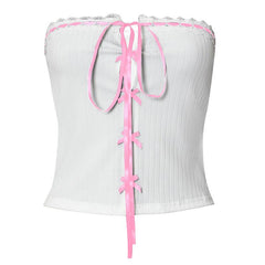 Bowknot ribbon ribbed lace hem backless tube top