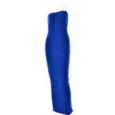 Metal chain one shoulder solid slit maxi dress | red tango dress