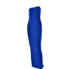 Metal chain one shoulder solid slit maxi dress | red tango dress