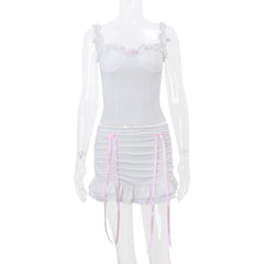 Ruffle ruched bowknot ribbon stitch cami skirt set