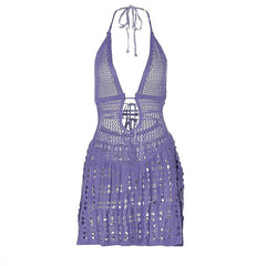Halter knitted deep V neck see through mini dress