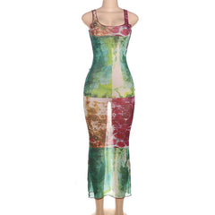 Sheer mesh ruffle square neck print tank maxi dress | samba dress