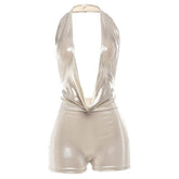 Ruched halter metallic cowl neck low cut romper