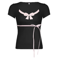 Short sleeve u neck bowknot lace hem top