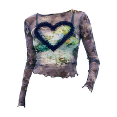Long sleeve heart pattern ruffle sheer mesh top