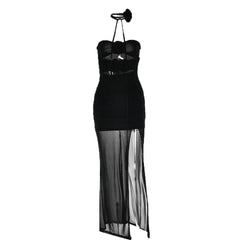 Flower applique sheer mesh hollow out solid backless zip-up slit tube midi dress | samba dress