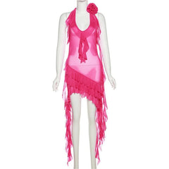 See through halter sheer mesh ruffle flower applique mini dress | red tango dress | samba dress