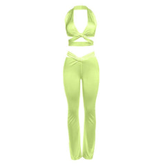 Halter v neck cross front backless hollow out pant set