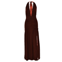 Halter deep v neck backless high slit maxi dress