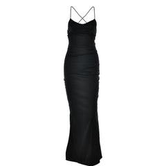 Satin solid lace up cross back v neck low cut maxi dress | black rave dress | black rave dress