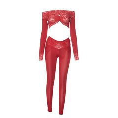 Long sleeve off shoulder see through lace pant set