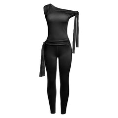 One shoulder self tie irregular solid high rise pant set