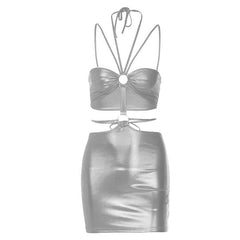 Metallic o ring halter self tie backless hollow out mini dress | red tango dress