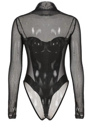 High neck long sleeve mesh bustier bowknot bodysuit