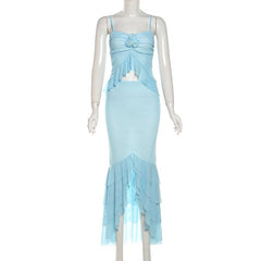 Flower applique ruffle ruched sheer mesh cami maxi skirt set
