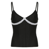 Bowknot lace hem striped v neck cami top