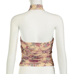 Halter button backless print ruched top