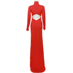 Hollow out solid long sleeve high neck zip-up maxi dress | red tango dress