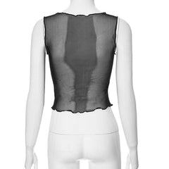 Ruffle print sheer mesh square neck tank top
