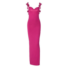Flower applique cowl neck backless solid maxi dress | red tango dress