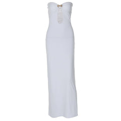 Sweetheart neck shell metal tag button hollow out tube maxi dress