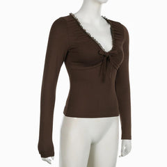 V neck long sleeve lace hem ruched bowknot top