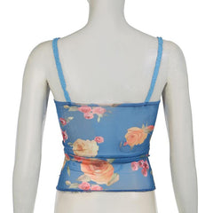 Mesh ruched slit bowknot flower print cami top
