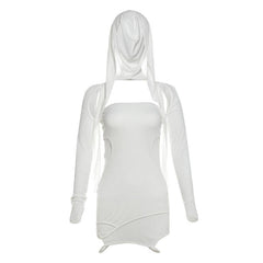 Hoodie long sleeve hollow out shrug mini skirt set