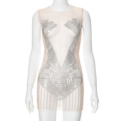 Sleeveless crewneck beaded mesh patchwork see through mini dress