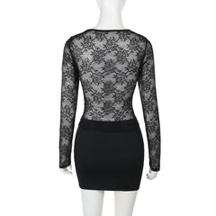 Crewneck long sleeve lace mini skirt set