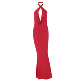 Halter ruched backless solid cross front maxi dress | red tango dress