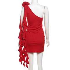 One shoulder flower applique ruched ruffle solid backless mini dress | red tango dress