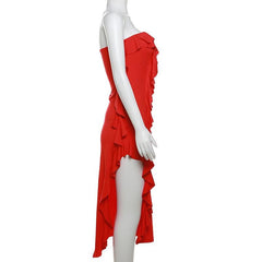 Ruffle high slit ruched irregular solid tube midi dress | red tango dress