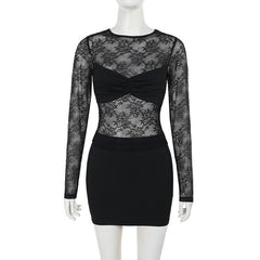 Crewneck long sleeve lace mini skirt set