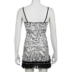 Mesh ruched ruffle bowknot print cami mini dress