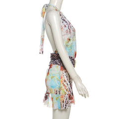 Irregular halter deep V neck print sheer mesh mini dress | samba dress