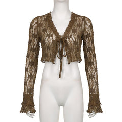 Long sleeve lace self tie crop top