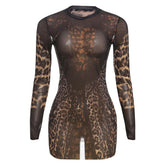 Crewneck long sleeve leopard print mesh mini dress