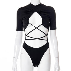 Short sleeve high neck ruched lace up hollow out bodysuit