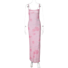 Print mesh knotted backless cami maxi dress
