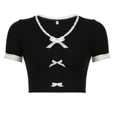 Short sleeve ruffle ruched bowknot ribbed top