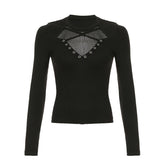 Long sleeve cross front hollow out fishnet patchwork top
