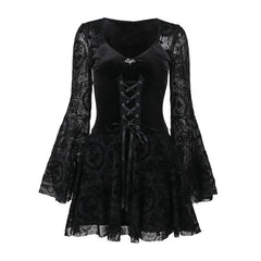 Flared sleeve velvet lace up solid patchwork mini dress