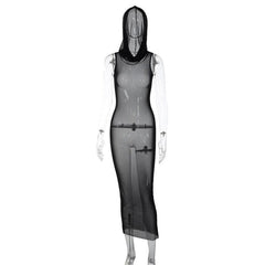Sheer mesh see through hoodie sleeveless maxi dress | samba dress