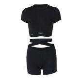 Short sleeve crewneck hollow out backless pant set