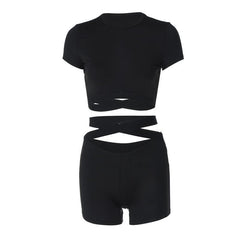 Short sleeve crewneck hollow out backless pant set