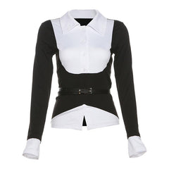 Turnover collar long sleeve button patchwork belt top