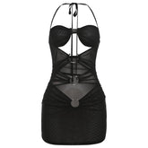 Sheer mesh halter self tie hollow out ruched mini dress | samba dress